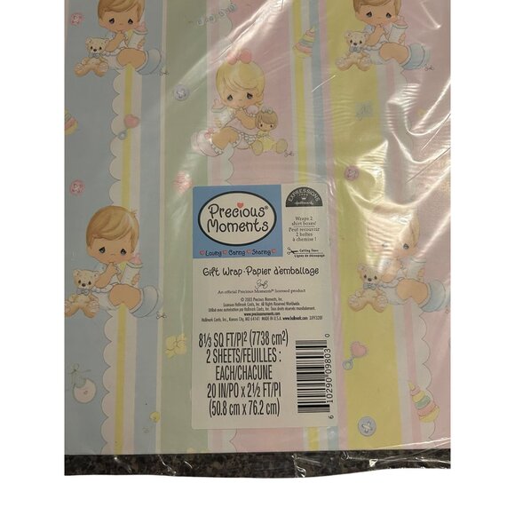Precious Moments Baby Gift Wrap 2 Sheets 20 In X 2.5 Ft Pastel Pink Yellow & Blu - Picture 2 of 2
